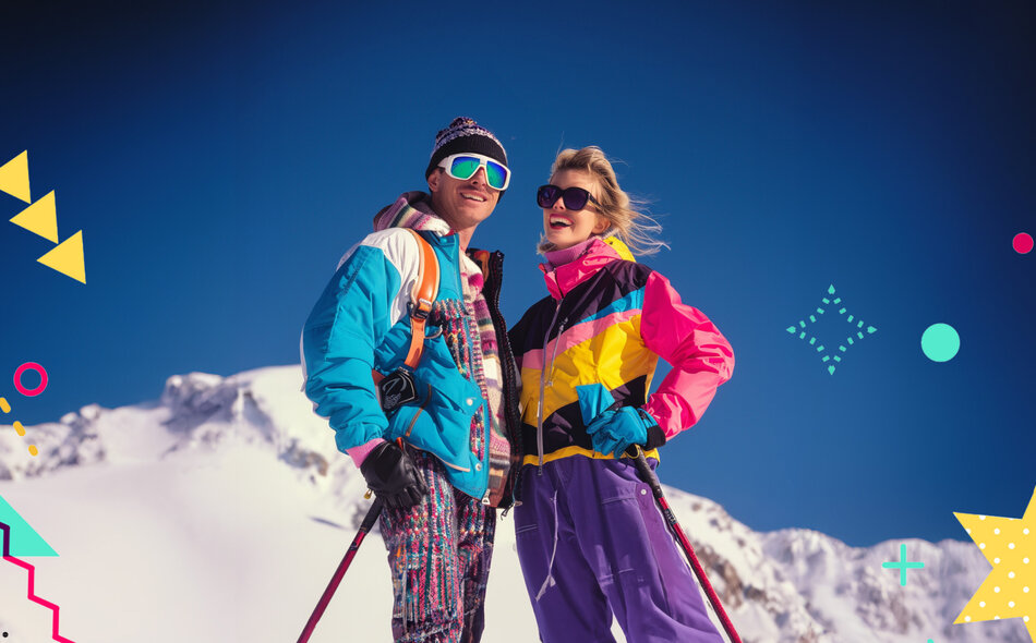 Ein Mann und eine Frau in bunter 90er Style Kleidung.