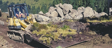 Kleiner Bagger bewegt Erdreich auf einer Bergwiese mit Felsen und Bergen im Hintergrund.
