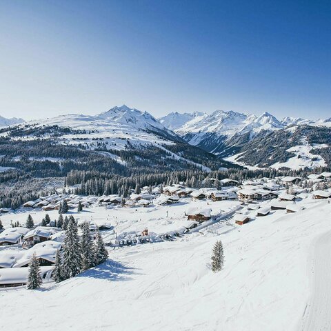 Blick auf eine traumhafte Winterlandschaft mit schneebedeckten Bäumen und einem klaren blauen Himmel
