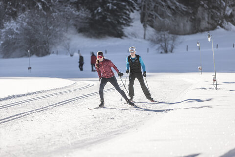 Zwei Langläufer auf einer verschneiten, sonnigen Strecke