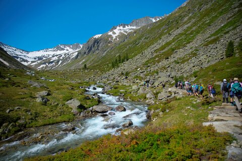 Eine Wandergruppe wandert entlang eines kleinen Flusses