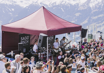 Im Freien spielt eine Band Musik für zahlreiche Zuschauer.