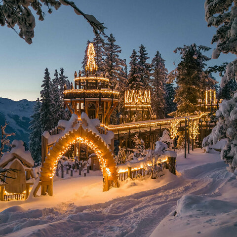 beleuchteter Eingang Fichtenschloss bei Dämmerung