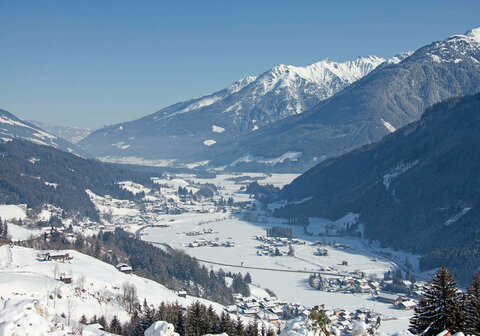 Blick auf eine traumhafte Winterlandschaft mit schneebedeckten Bäumen und einem klaren blauen Himmel