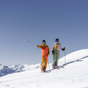 Zwei Skifahrer schauen in die Ferne