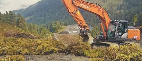 Bagger arbeitet auf einer Bergwiese mit Sträuchern und Bergen im Hintergrund.