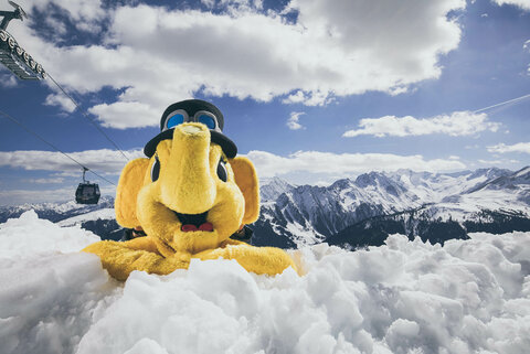 Das Maskottchen Funty liegt im Schnee 